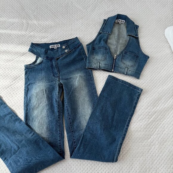 I AM GIA DENIM OPEN CUT OUT SET BRIT TOP KAYLA PANTS XXS - Picture 3 of 5